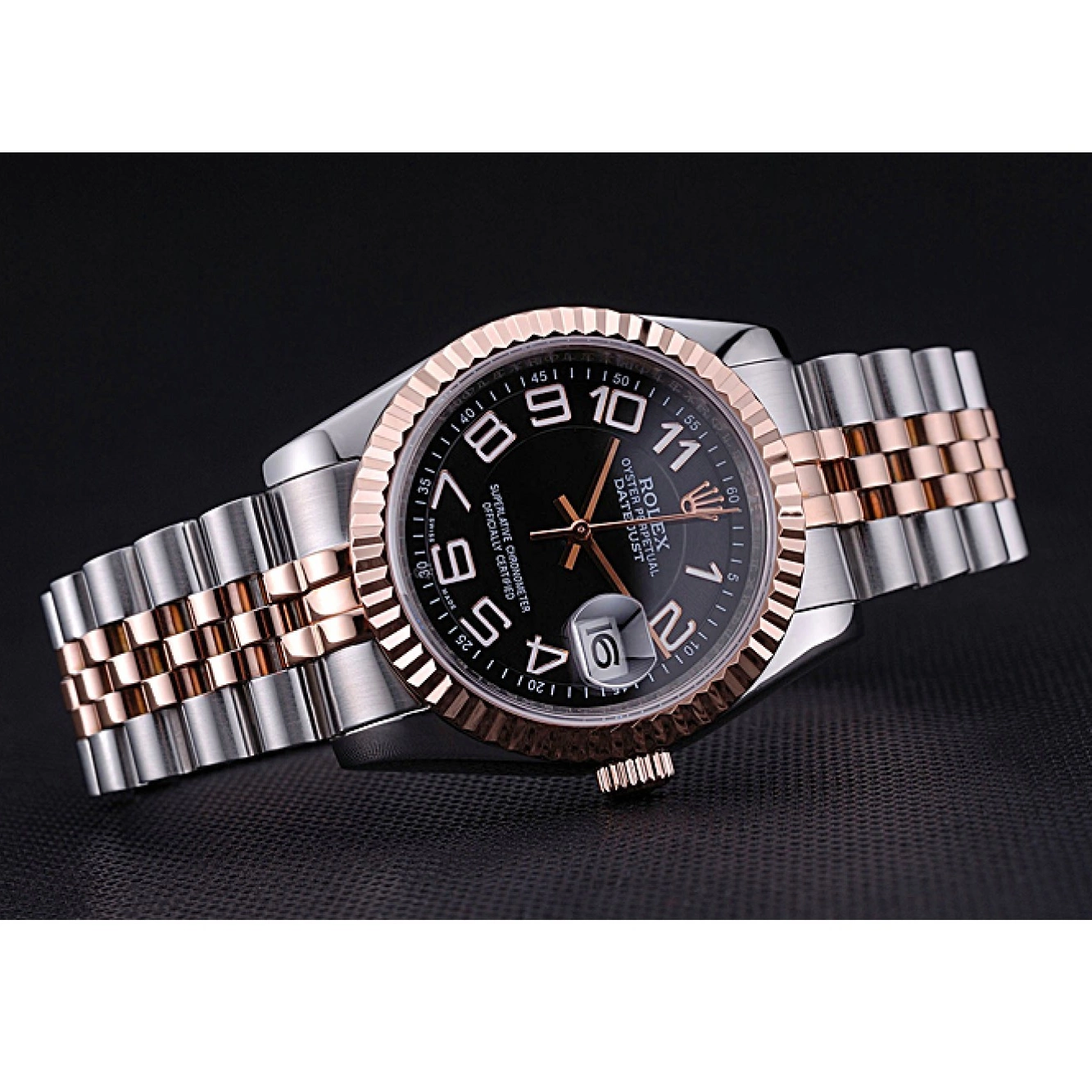 Aaa replica watch Dial Black and Gold Stainless Steel 622545 DateJust Bracelet Rolex 0802